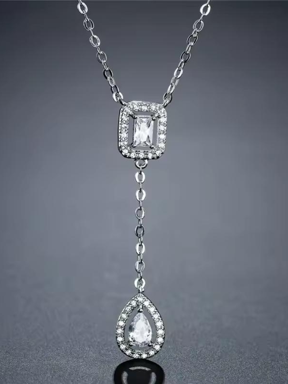 Silver Crystal Lariat Necklace with Teardrop Pendant - Picture 3 of 4